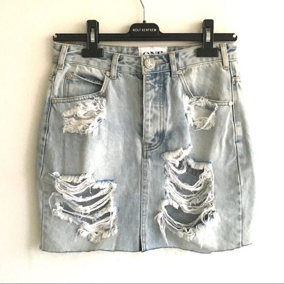 One TEASPOON 2020 Denim Mini Jean Skirt Destroyed Light Blue 27 - Picture 2 of 6